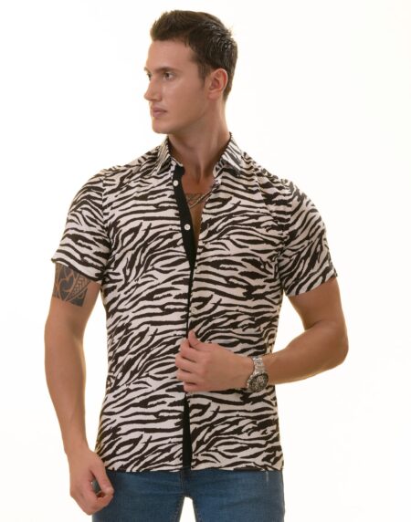 Black & White Zebra Paisley Slim Fit Short Sleeve Cotton Button-Up Shirt