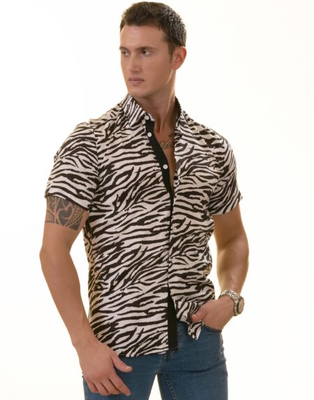 Black & White Zebra Paisley Slim Fit Short Sleeve Cotton Button-Up Shirt