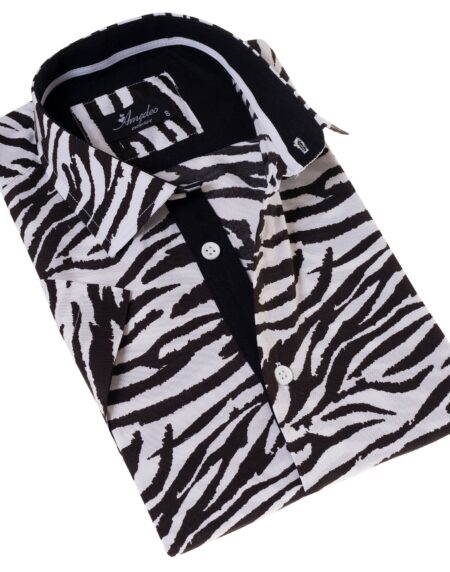 Black & White Zebra Paisley Slim Fit Short Sleeve Cotton Button-Up Shirt