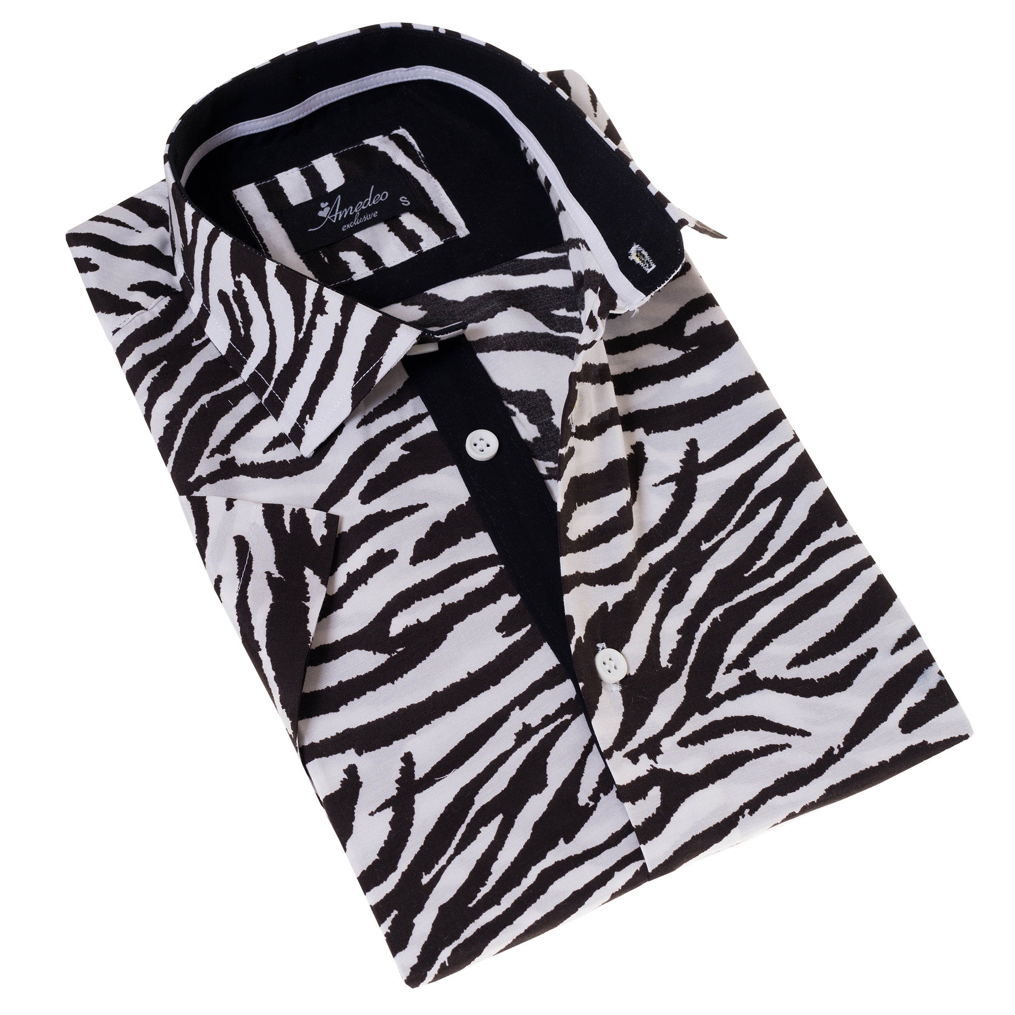 Black & White Zebra Paisley Slim Fit Short Sleeve Cotton Button-Up Shirt