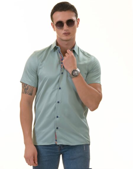 Green Purple Paisley Slim Fit Short Sleeve Cotton Button-Up Dress Shirt