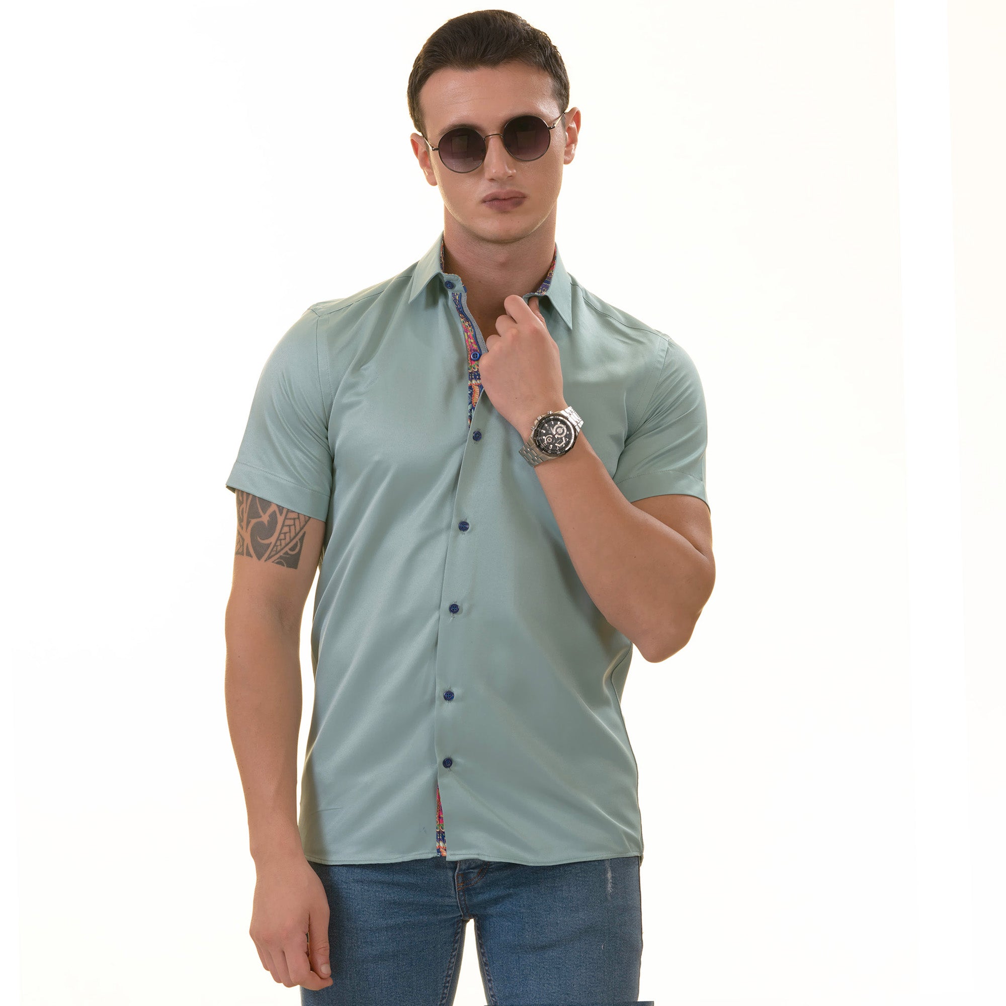 Green Purple Paisley Slim Fit Short Sleeve Cotton Button-Up Dress Shirt - Image 2