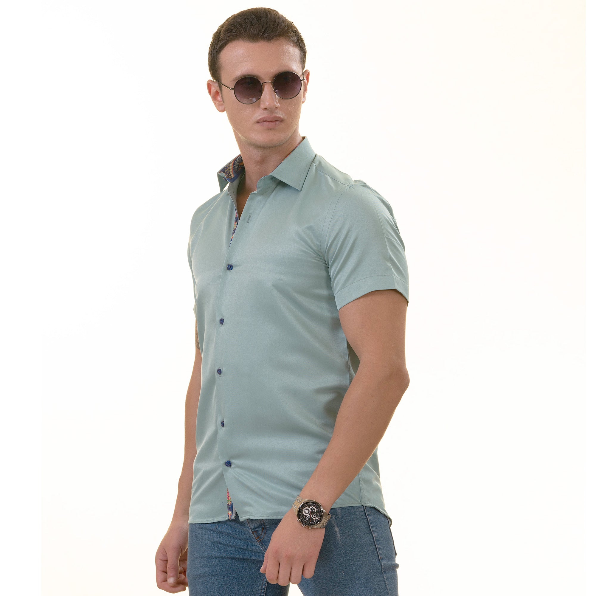 Green Purple Paisley Slim Fit Short Sleeve Cotton Button-Up Dress Shirt - Image 3