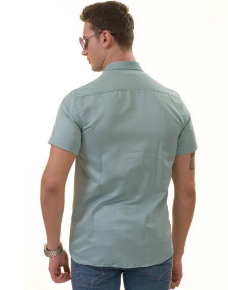 Green Purple Paisley Slim Fit Short Sleeve Cotton Button-Up Dress Shirt