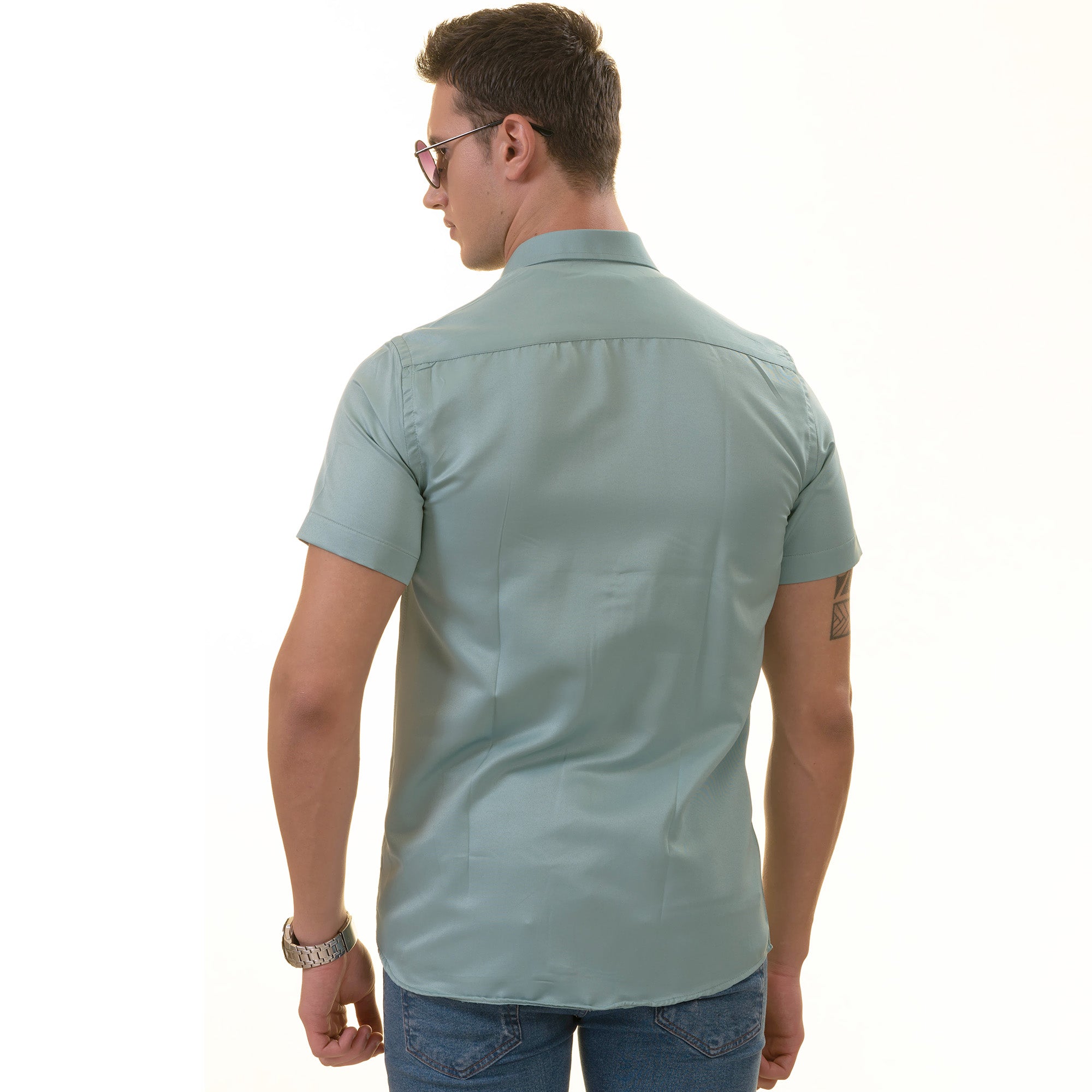 Green Purple Paisley Slim Fit Short Sleeve Cotton Button-Up Dress Shirt - Image 5