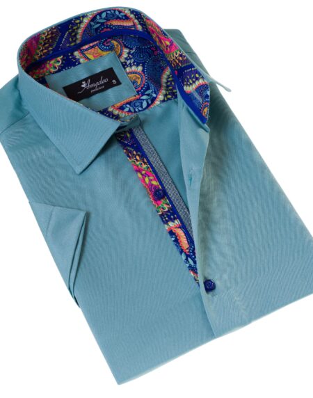 Green Purple Paisley Slim Fit Short Sleeve Cotton Button-Up Dress Shirt