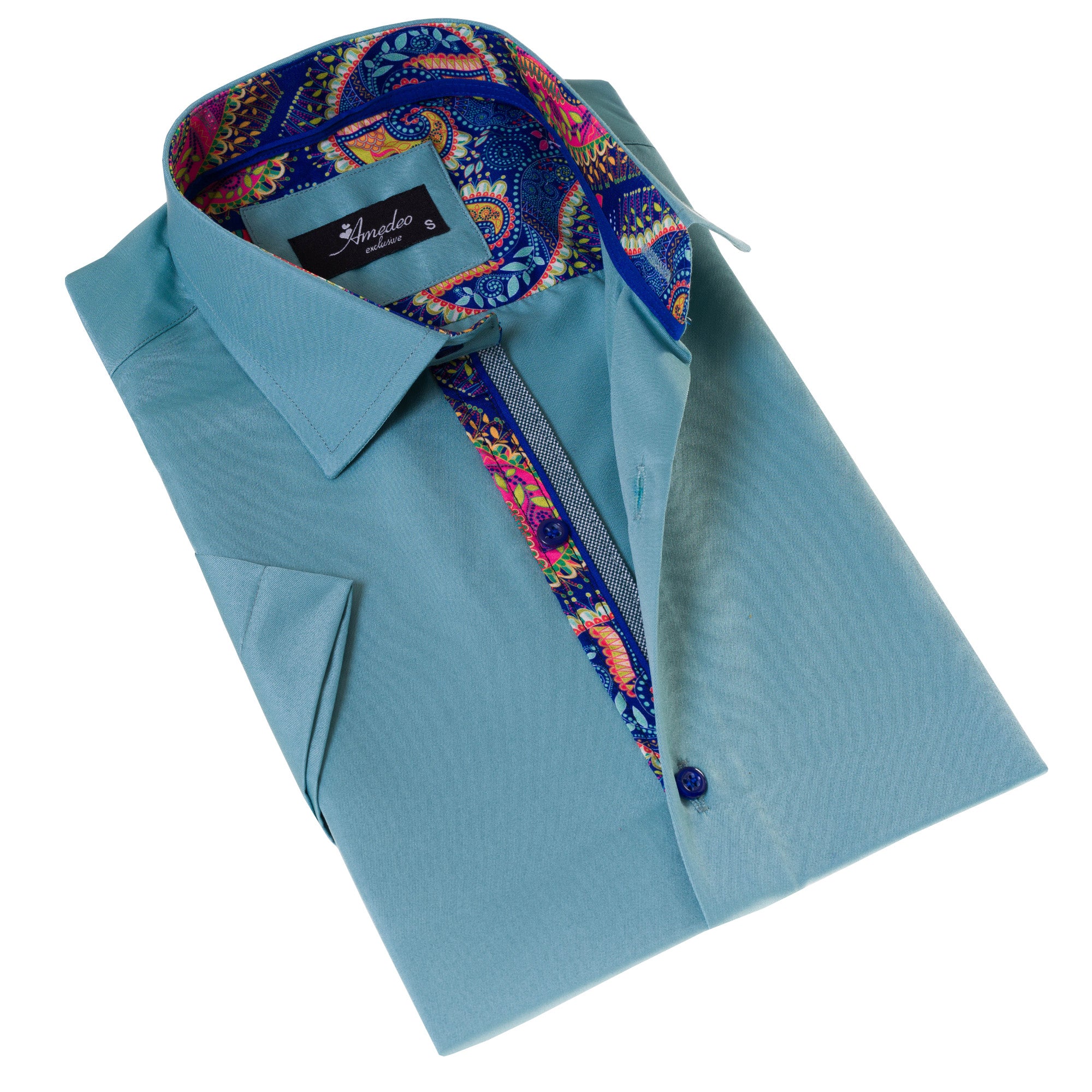 Green Purple Paisley Slim Fit Short Sleeve Cotton Button-Up Dress Shirt