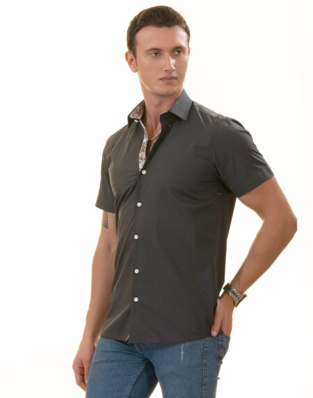 Navy Floral Paisley Slim Fit Short Sleeve Cotton Button-Up Dress Shirt