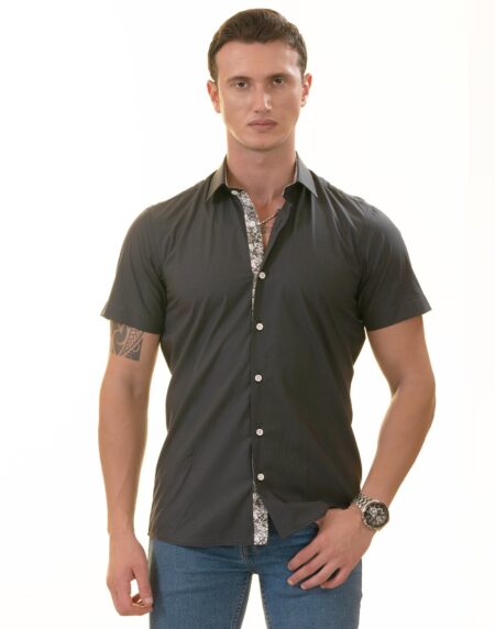 Navy Floral Paisley Slim Fit Short Sleeve Cotton Button-Up Dress Shirt