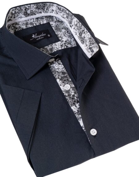 Navy Floral Paisley Slim Fit Short Sleeve Cotton Button-Up Dress Shirt