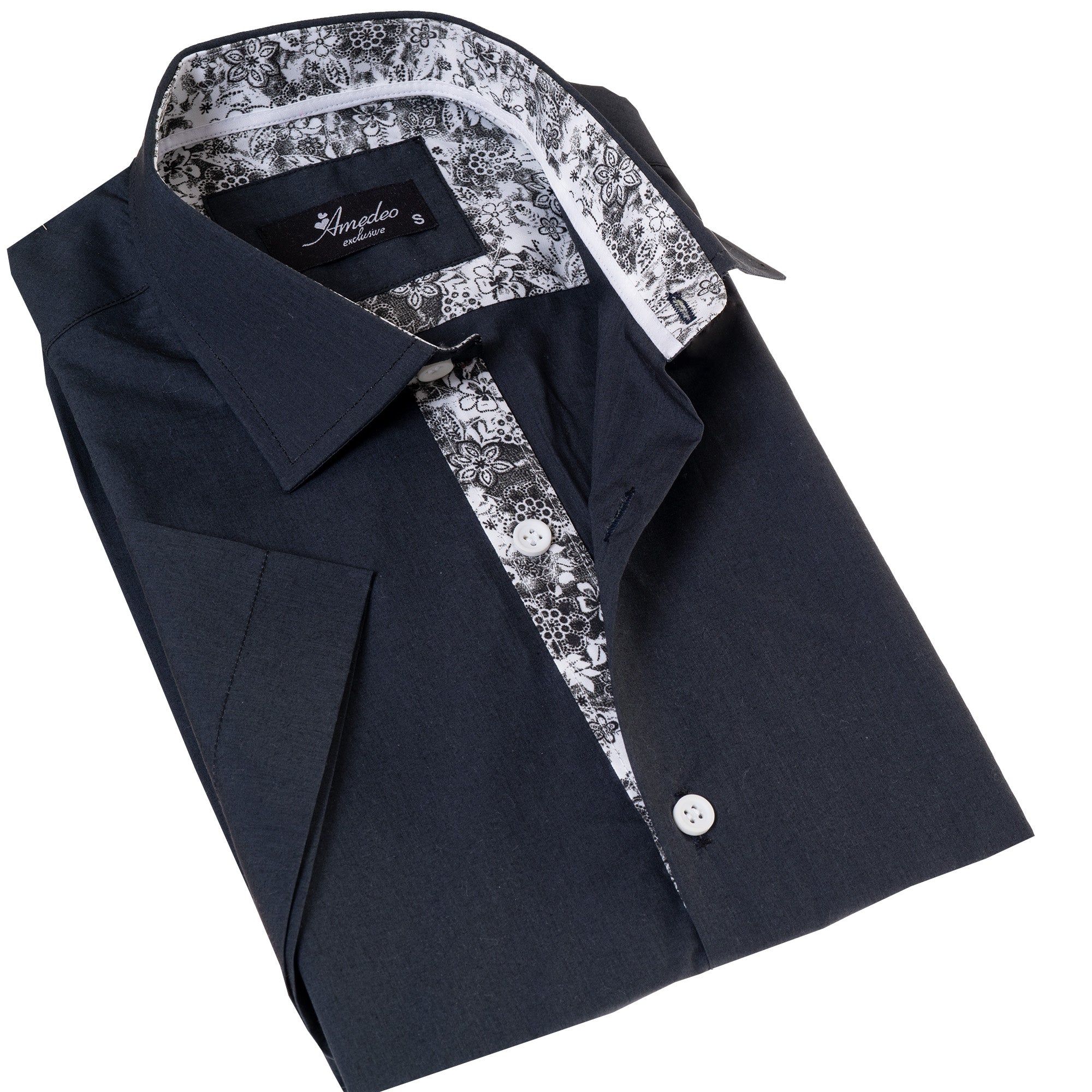 Navy Floral Paisley Slim Fit Short Sleeve Cotton Button-Up Dress Shirt