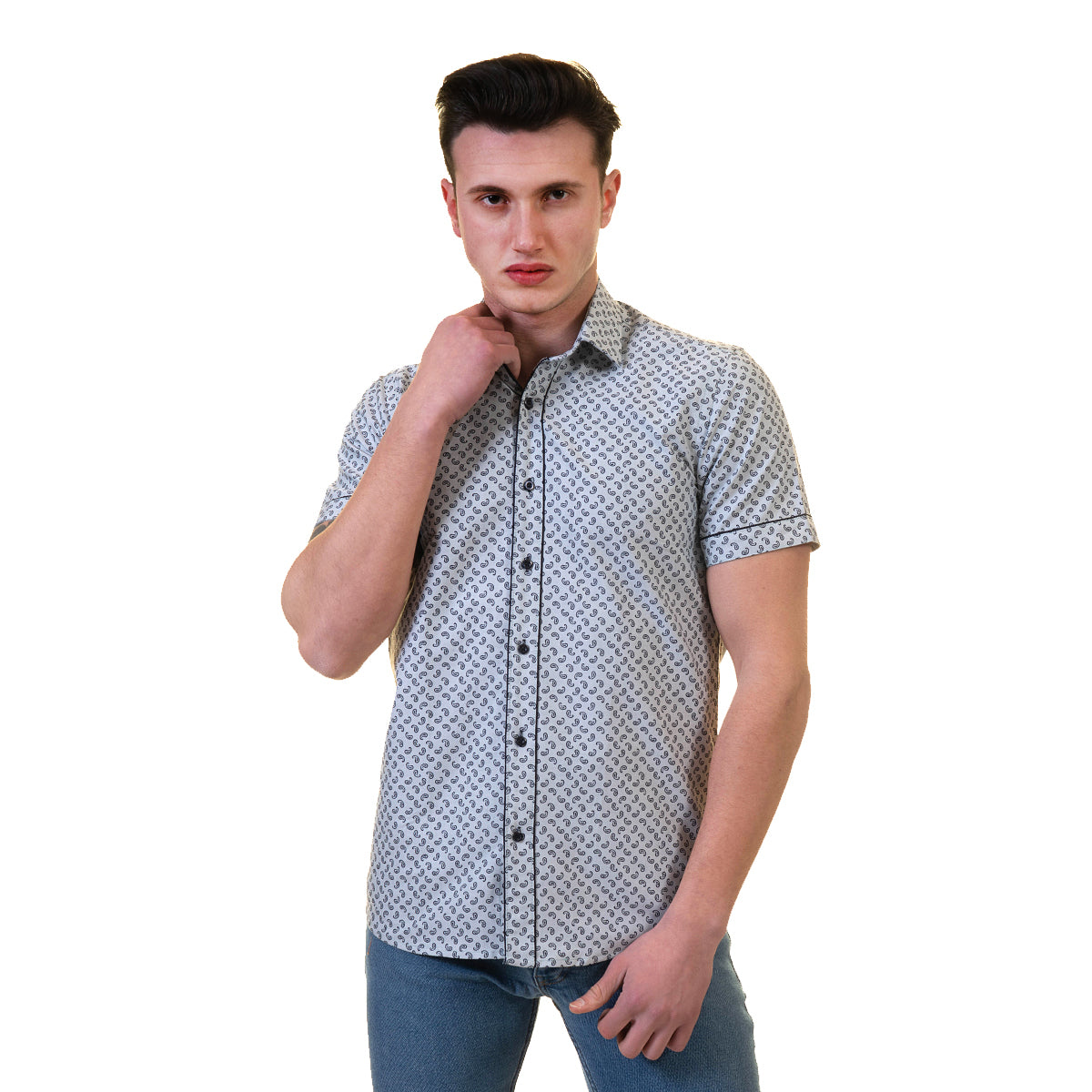 Grey Mens Short Sleeve Button up Shirts – Tailored Slim Fit Cotton Dress Shirts