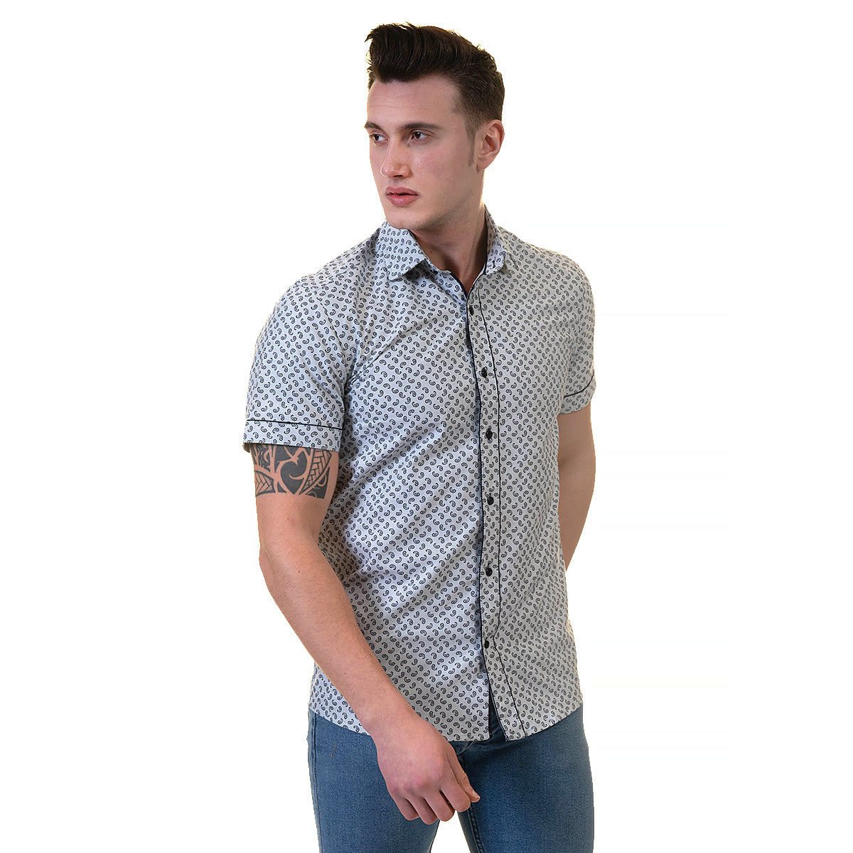 Grey Mens Short Sleeve Button up Shirts - Tailored Slim Fit Cotton Dress Shirts - Image 3