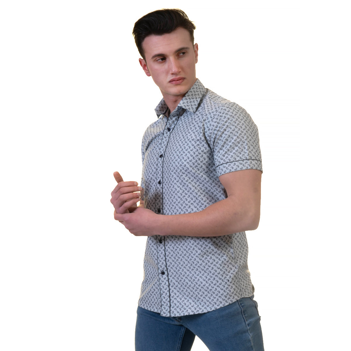 Grey Mens Short Sleeve Button up Shirts - Tailored Slim Fit Cotton Dress Shirts - Image 4