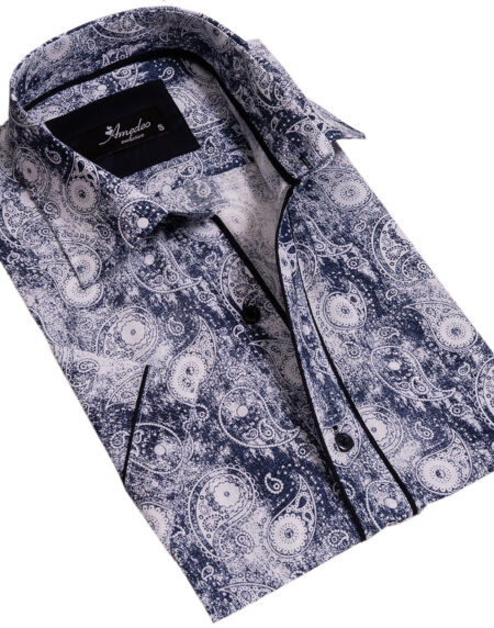Blue and White Mens Short Sleeve Button up Shirts – Tailored Slim Fit Cotton French Cuff Shirts