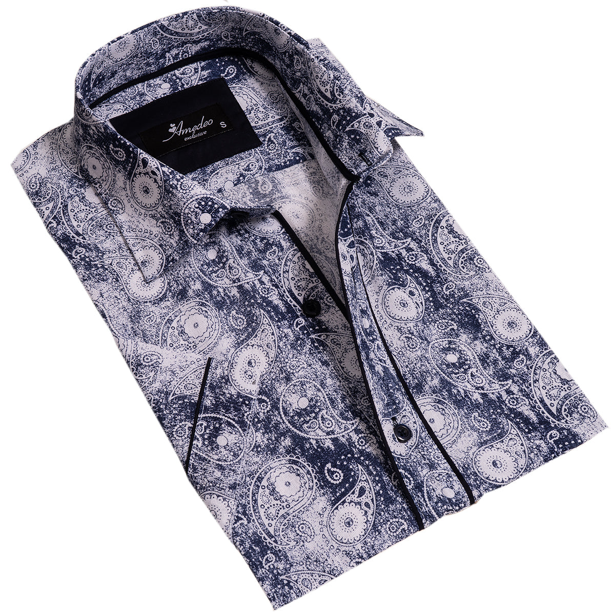 Blue and White Mens Short Sleeve Button up Shirts - Tailored Slim Fit Cotton French Cuff Shirts - Image 2