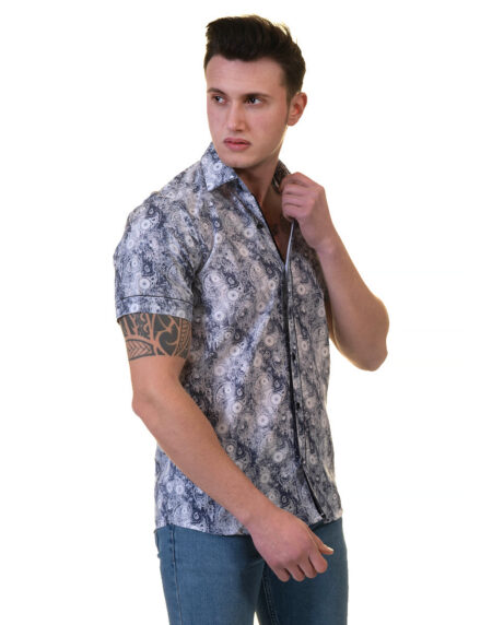 Blue and White Mens Short Sleeve Button up Shirts – Tailored Slim Fit Cotton French Cuff Shirts