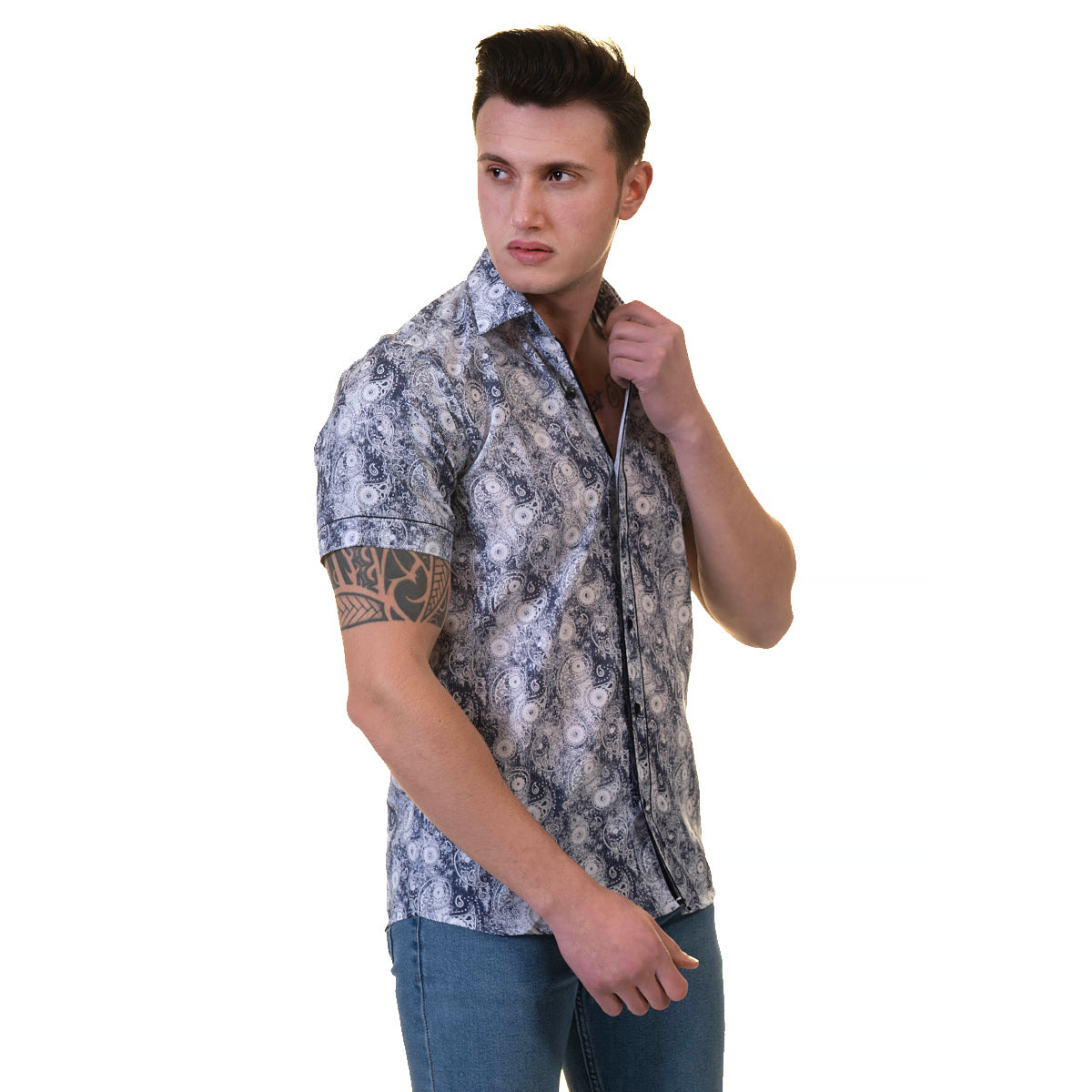 Blue and White Mens Short Sleeve Button up Shirts – Tailored Slim Fit Cotton French Cuff Shirts