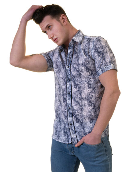Blue and White Mens Short Sleeve Button up Shirts – Tailored Slim Fit Cotton French Cuff Shirts