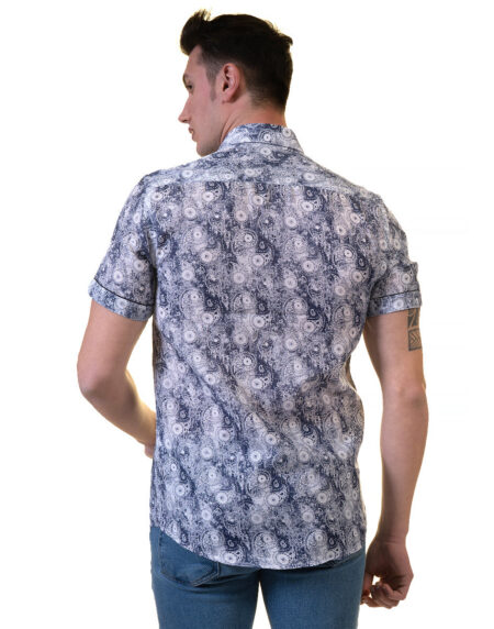 Blue and White Mens Short Sleeve Button up Shirts – Tailored Slim Fit Cotton French Cuff Shirts