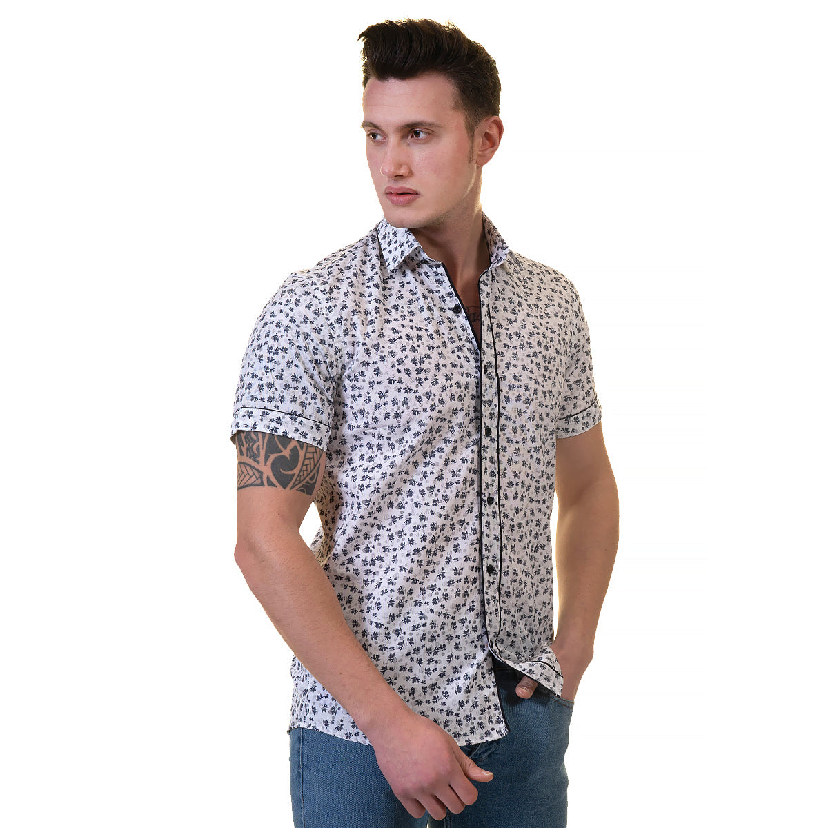 Black Dots Mens Short Sleeve Button up Shirts – Tailored Slim Fit Cotton Dress Shirts