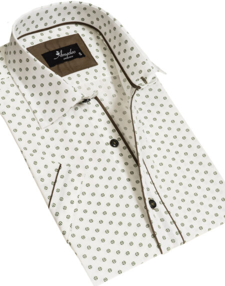 Off White Doted Mens Short Sleeve Button up Shirts – Tailored Slim Fit Cotton Dress Shirts