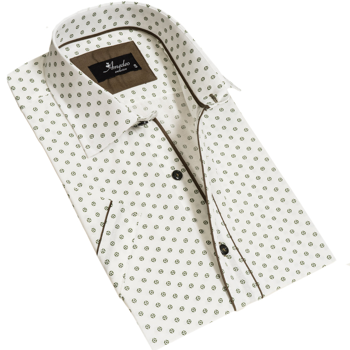 Off White Doted Mens Short Sleeve Button up Shirts - Tailored Slim Fit Cotton Dress Shirts - Image 2