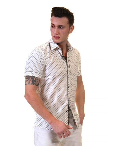 Off White Doted Mens Short Sleeve Button up Shirts – Tailored Slim Fit Cotton Dress Shirts