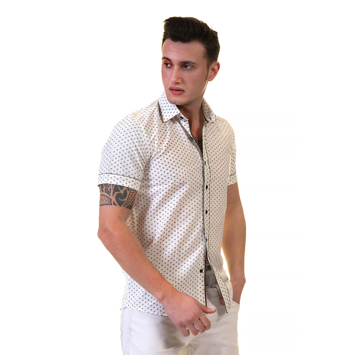 Off White Doted Mens Short Sleeve Button up Shirts – Tailored Slim Fit Cotton Dress Shirts