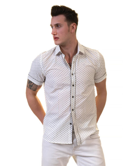 Off White Doted Mens Short Sleeve Button up Shirts – Tailored Slim Fit Cotton Dress Shirts