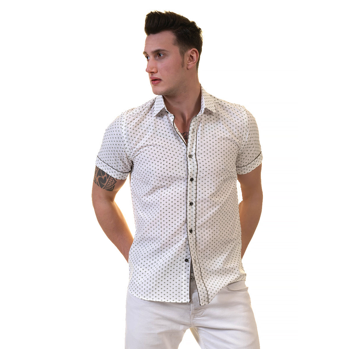 Off White Doted Mens Short Sleeve Button up Shirts - Tailored Slim Fit Cotton Dress Shirts - Image 3