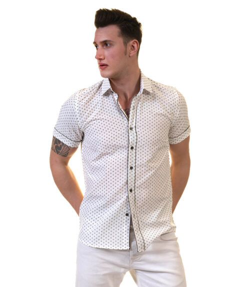 Off White Doted Mens Short Sleeve Button up Shirts – Tailored Slim Fit Cotton Dress Shirts