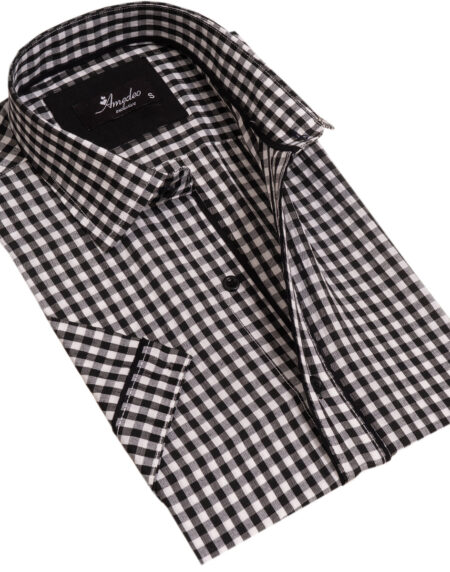 Black and White Mens Short Sleeve Button up Shirts – Tailored Slim Fit Cotton Dress Shirts