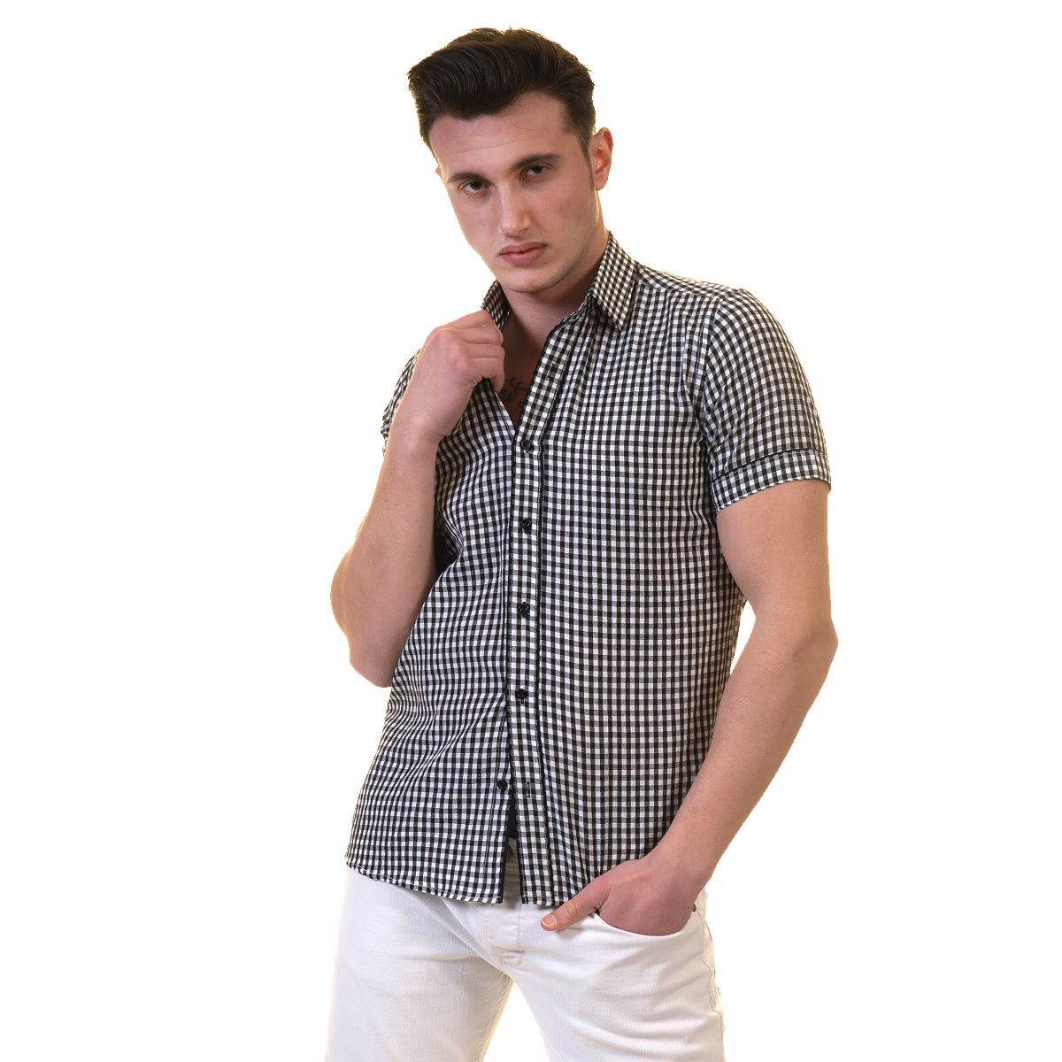 Black and White Mens Short Sleeve Button up Shirts - Tailored Slim Fit Cotton Dress Shirts - Image 3