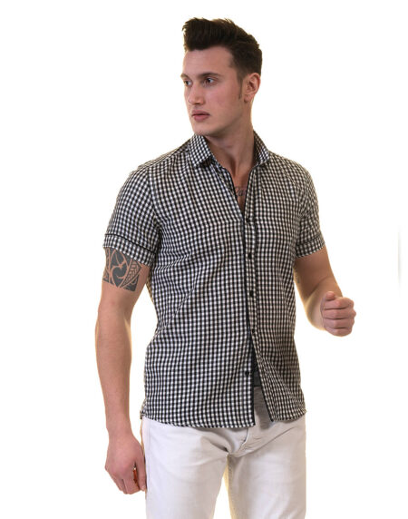 Black and White Mens Short Sleeve Button up Shirts – Tailored Slim Fit Cotton Dress Shirts