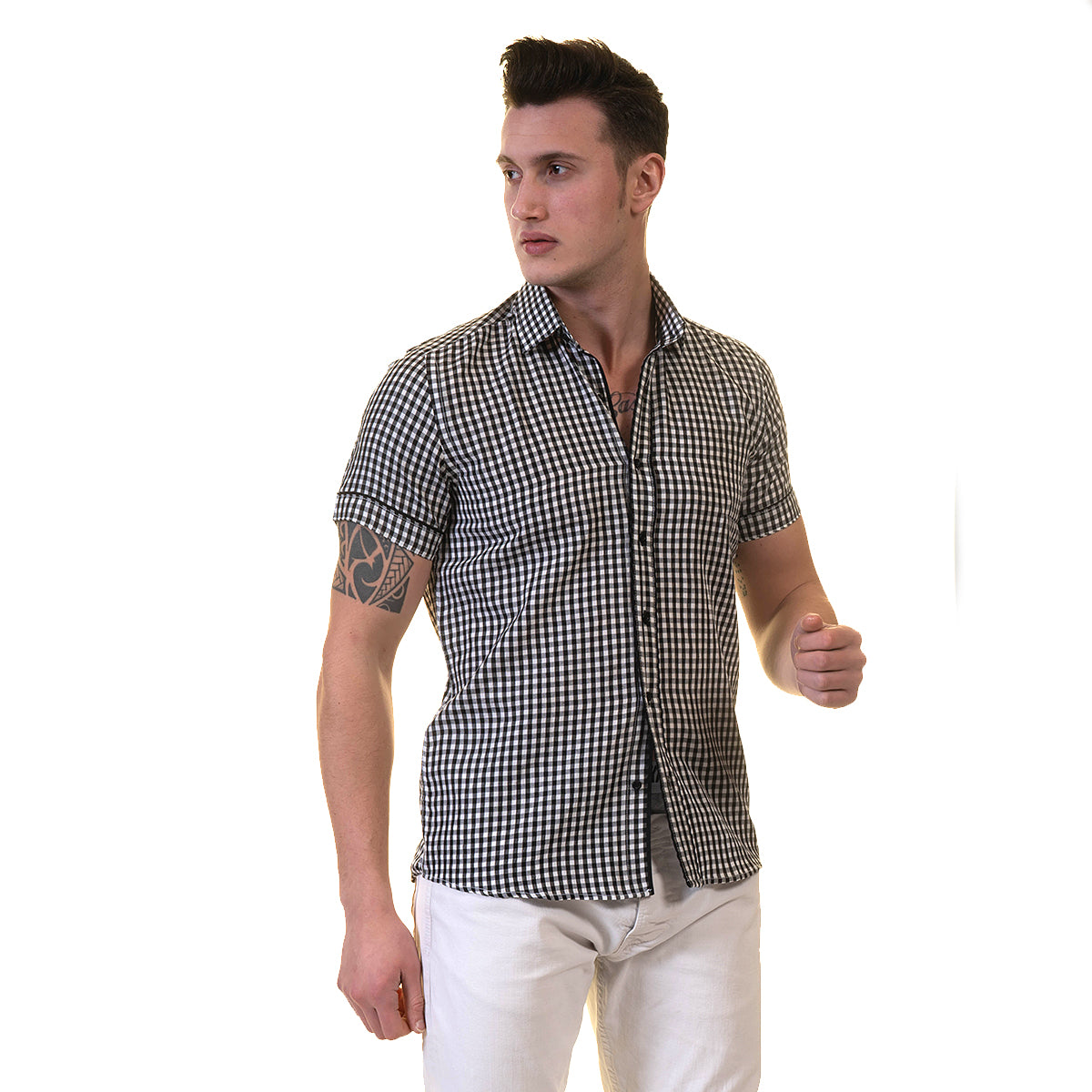 Black and White Mens Short Sleeve Button up Shirts – Tailored Slim Fit Cotton Dress Shirts