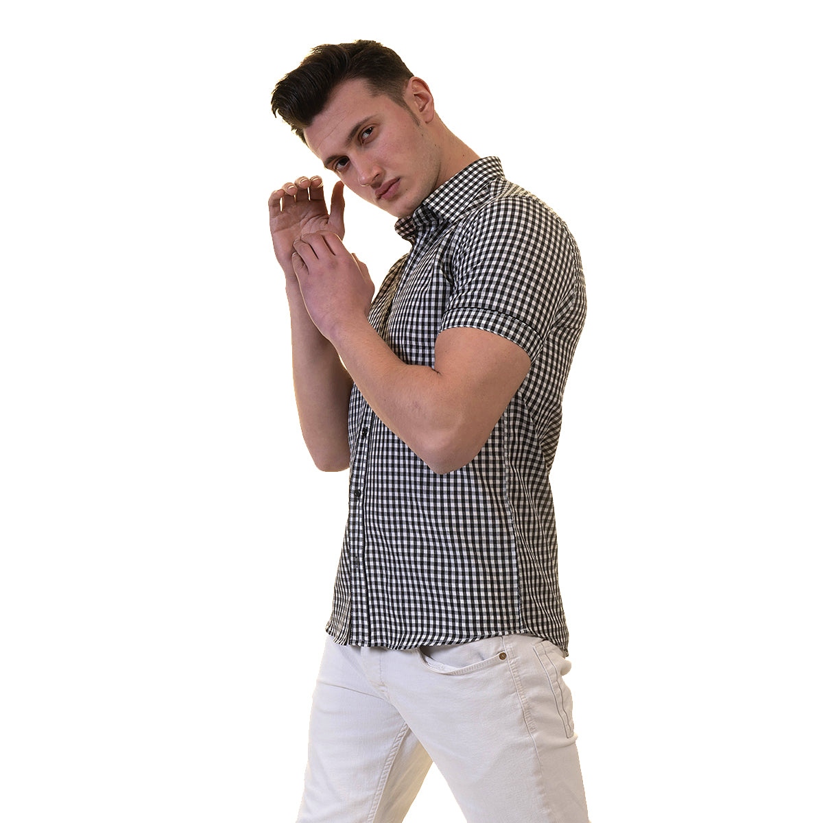 Black and White Mens Short Sleeve Button up Shirts - Tailored Slim Fit Cotton Dress Shirts - Image 4