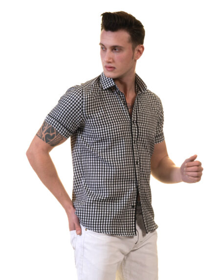 Black and White Mens Short Sleeve Button up Shirts – Tailored Slim Fit Cotton Dress Shirts