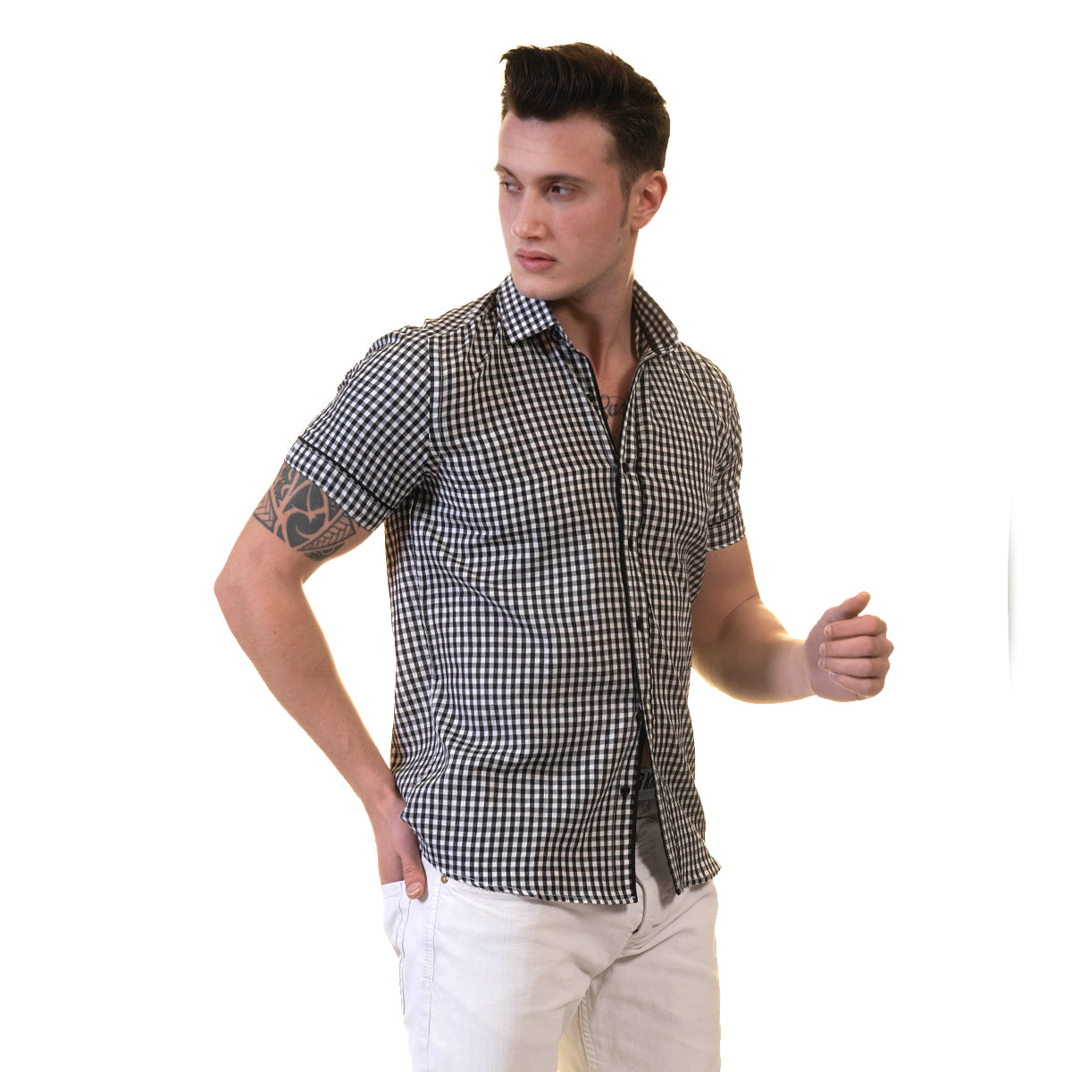 Black and White Mens Short Sleeve Button up Shirts - Tailored Slim Fit Cotton Dress Shirts - Image 5