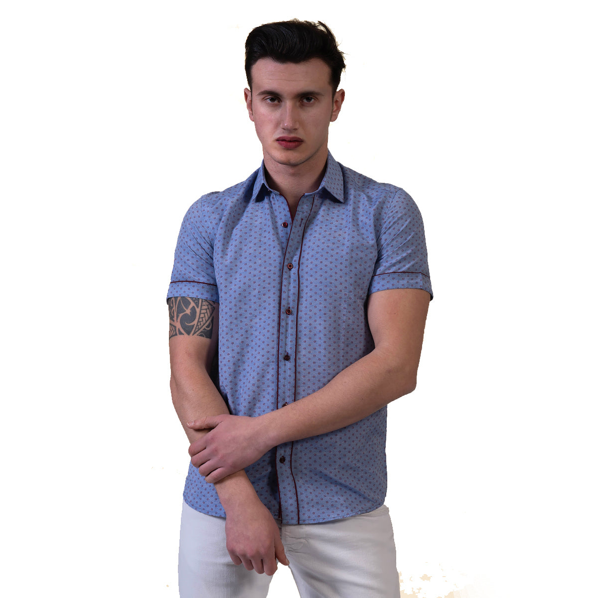 Blue Mens Short Sleeve Button up Shirts - Tailored Slim Fit Cotton Dress Shirts - Image 3