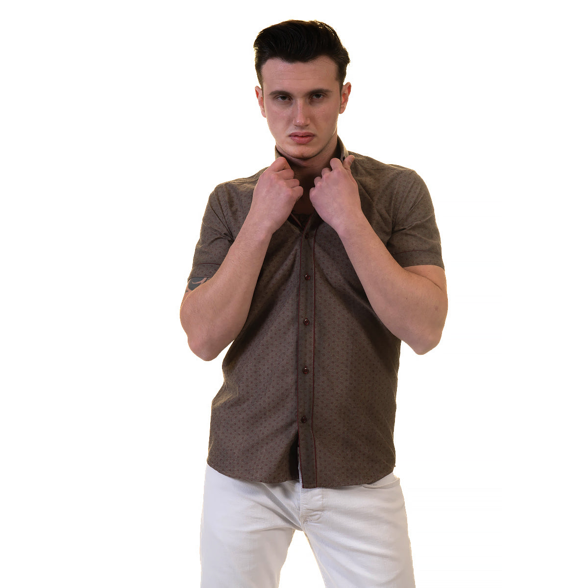 Brown Mens Short Sleeve Button up Shirts - Tailored Slim Fit Cotton Dress Shirts - Image 3