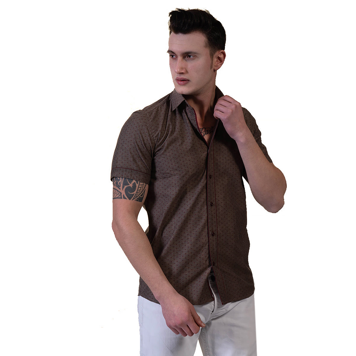 Brown Mens Short Sleeve Button up Shirts – Tailored Slim Fit Cotton Dress Shirts