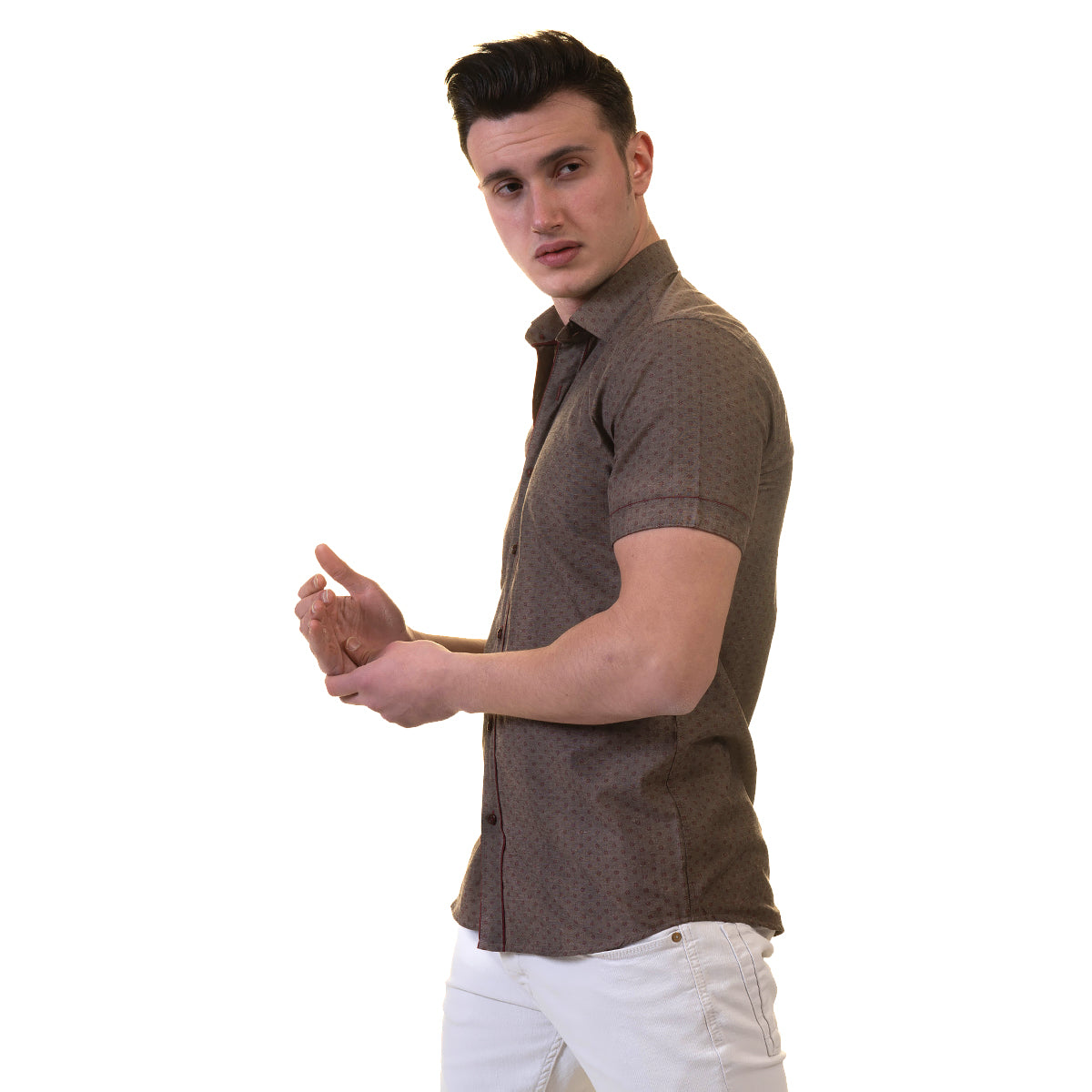 Brown Mens Short Sleeve Button up Shirts - Tailored Slim Fit Cotton Dress Shirts - Image 4