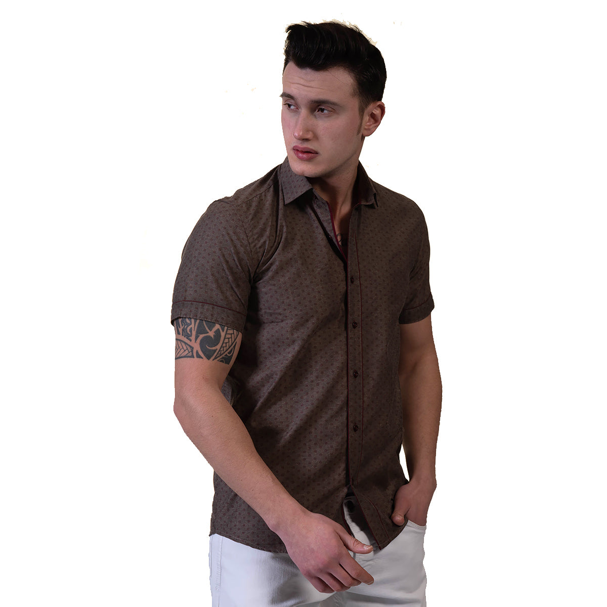 Brown Mens Short Sleeve Button up Shirts - Tailored Slim Fit Cotton Dress Shirts - Image 5