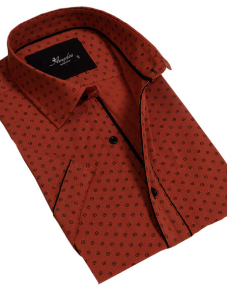 Orange / Reddish Mens Short Sleeve Button up Shirts – Tailored Slim Fit Cotton Dress Shirts