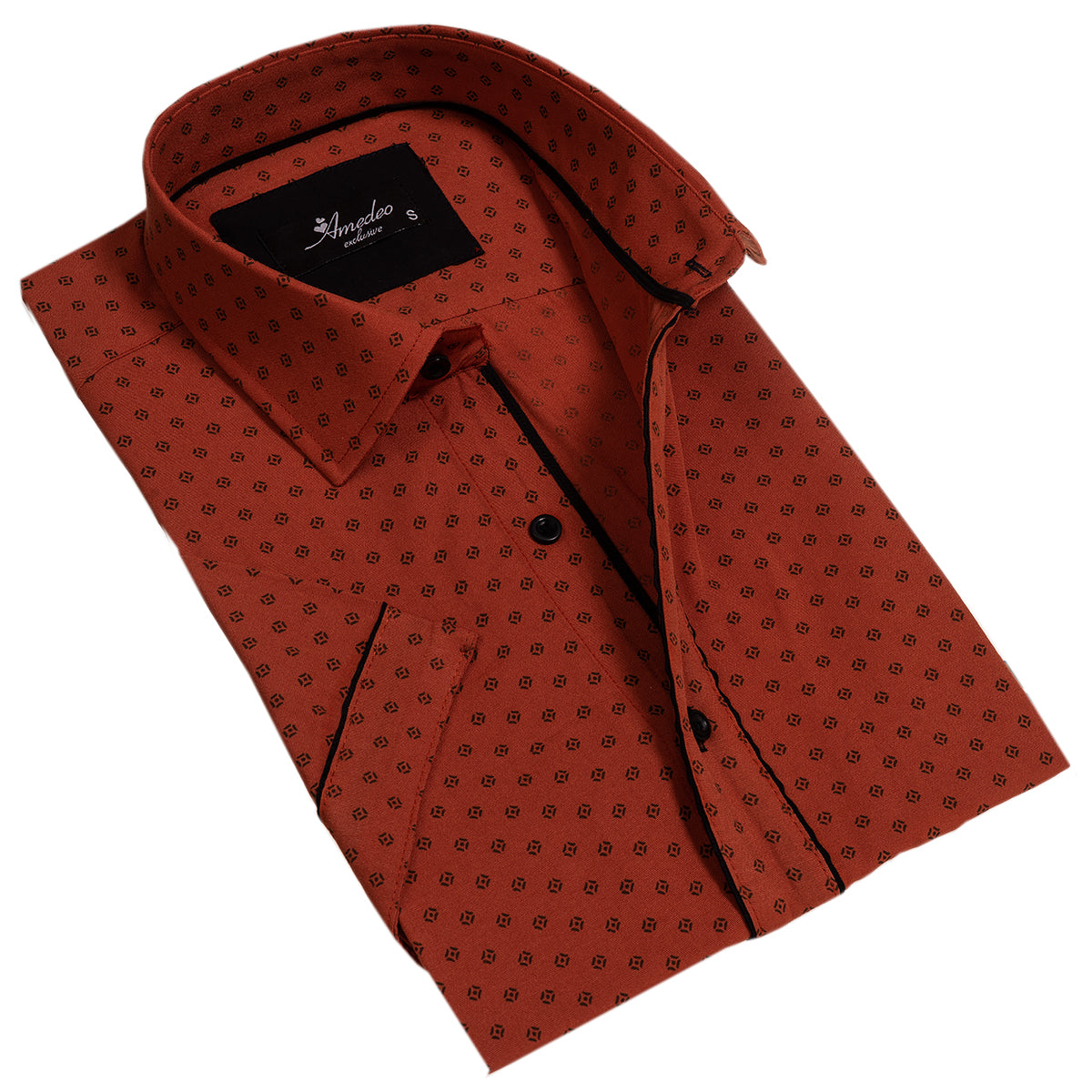 Orange / Reddish Mens Short Sleeve Button up Shirts - Tailored Slim Fit Cotton Dress Shirts - Image 2