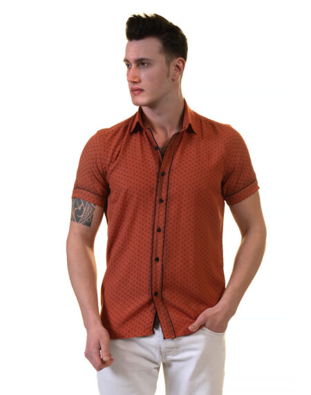 Orange / Reddish Mens Short Sleeve Button up Shirts – Tailored Slim Fit Cotton Dress Shirts