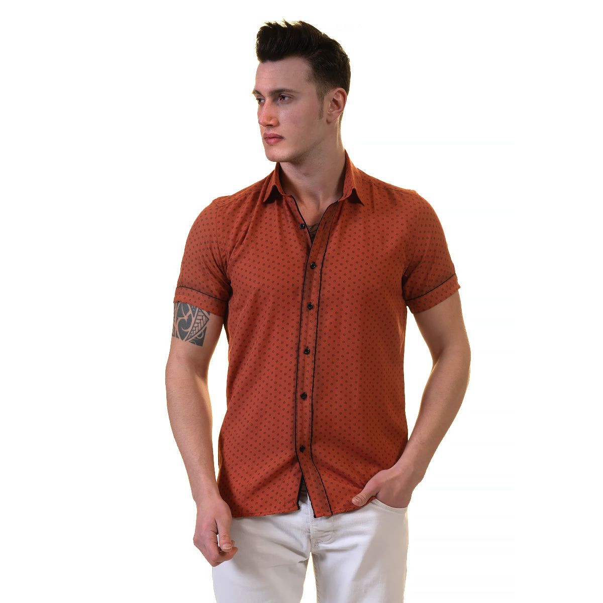Orange / Reddish Mens Short Sleeve Button up Shirts – Tailored Slim Fit Cotton Dress Shirts