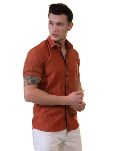 Orange / Reddish Mens Short Sleeve Button up Shirts – Tailored Slim Fit Cotton Dress Shirts