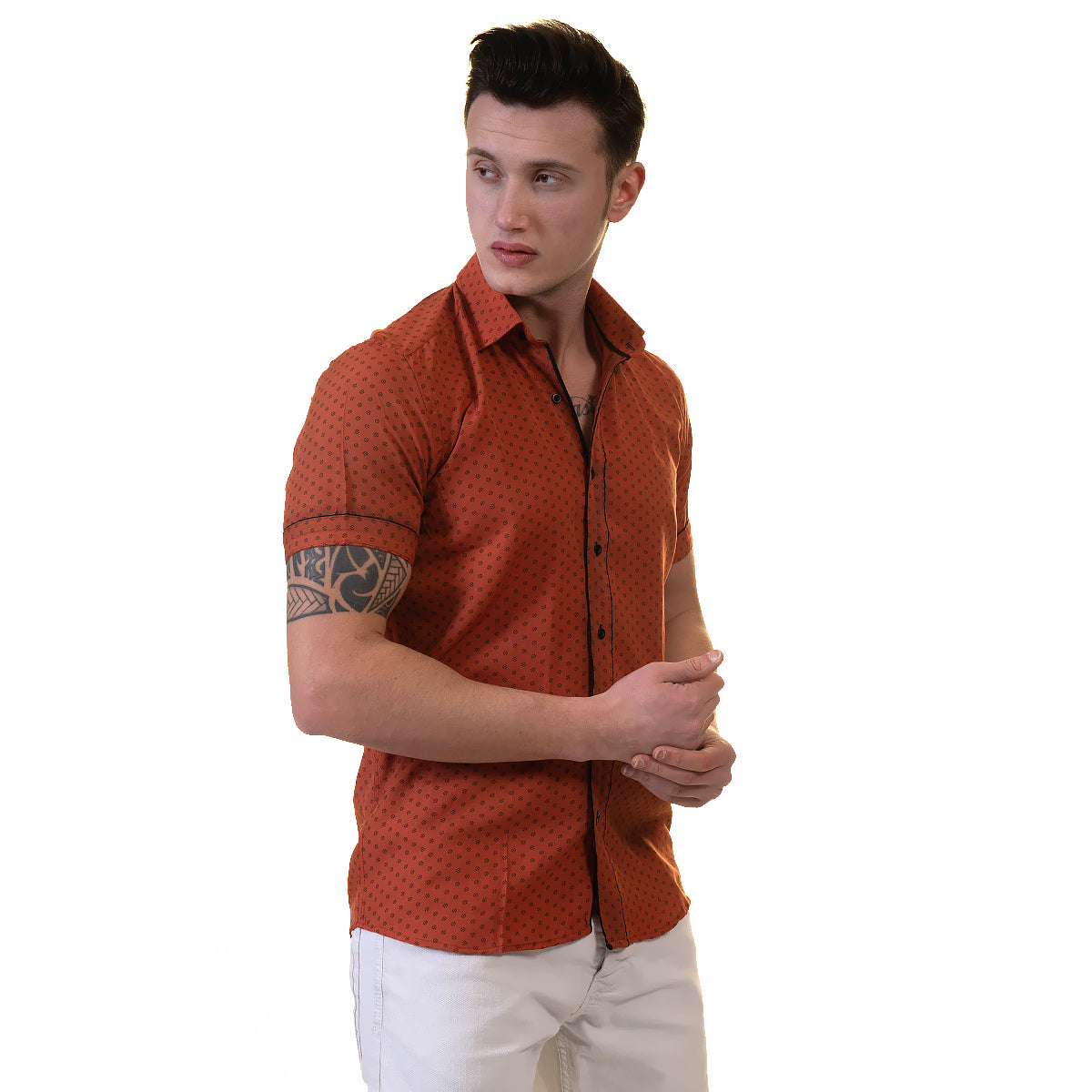 Orange / Reddish Mens Short Sleeve Button up Shirts - Tailored Slim Fit Cotton Dress Shirts - Image 3